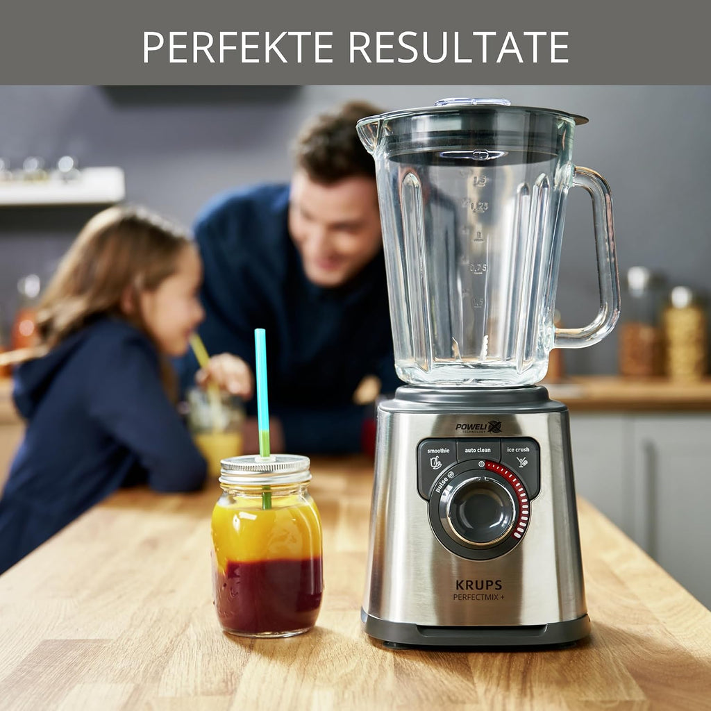 Krups KB403D Perfectmix + Hochleistungsstandmixer, 1.200W, 28.000 UpM, 2L Glasbehälter, 3 voreingestellte Programme, Powelix- Technologie, Edelstahl/Dunkelgrau