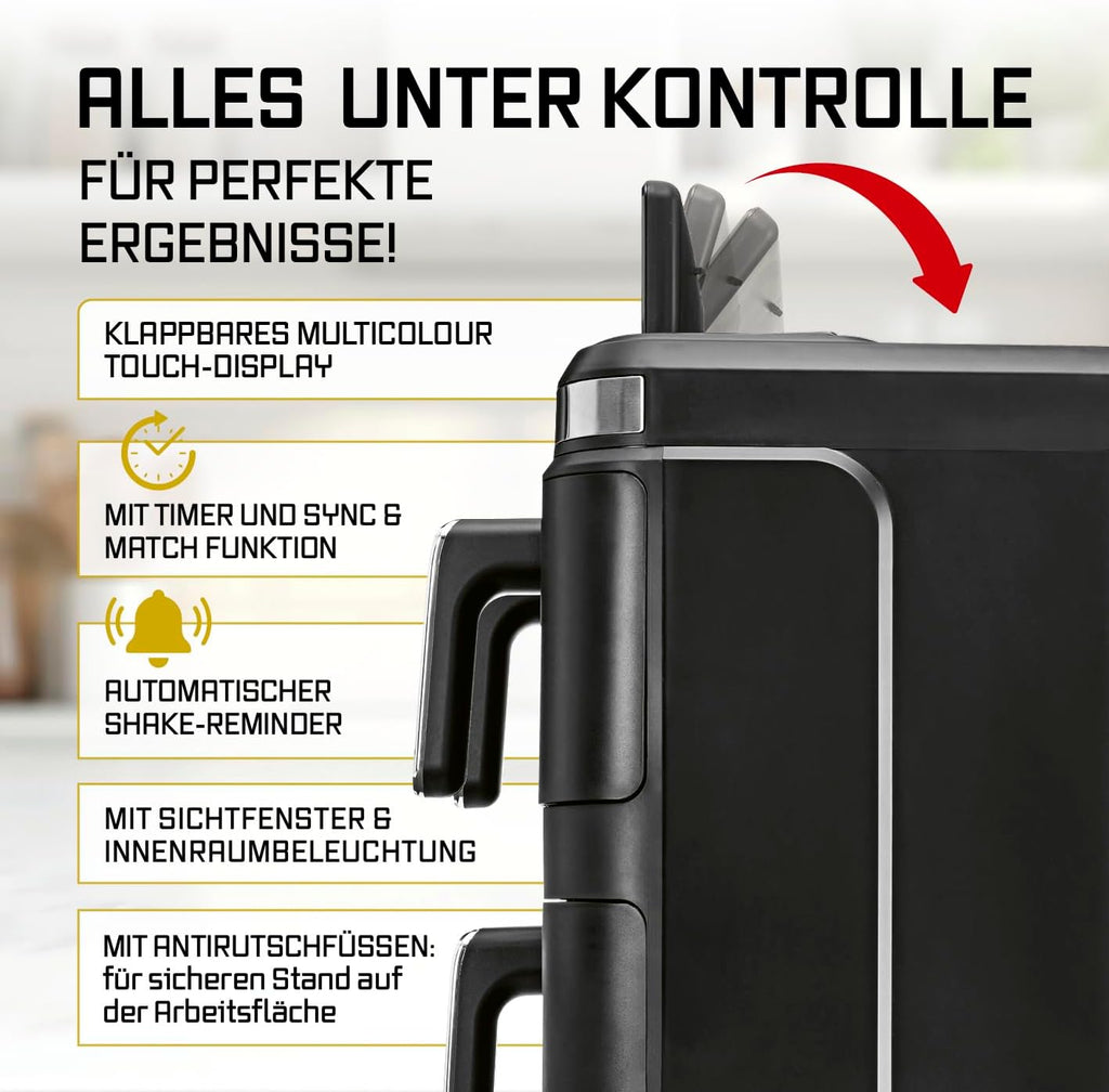 GOURMETmaxx FryUp3 Vertikale Heißluftfritteuse 3 Kammern | Heissluftfritteuse XXL 17 Liter | Airfryer mit Klapp-Touchdisplay, 12 Onetouch-Programmen, Sichtfenstern | Air Fryer Friteuse für 12 Personen