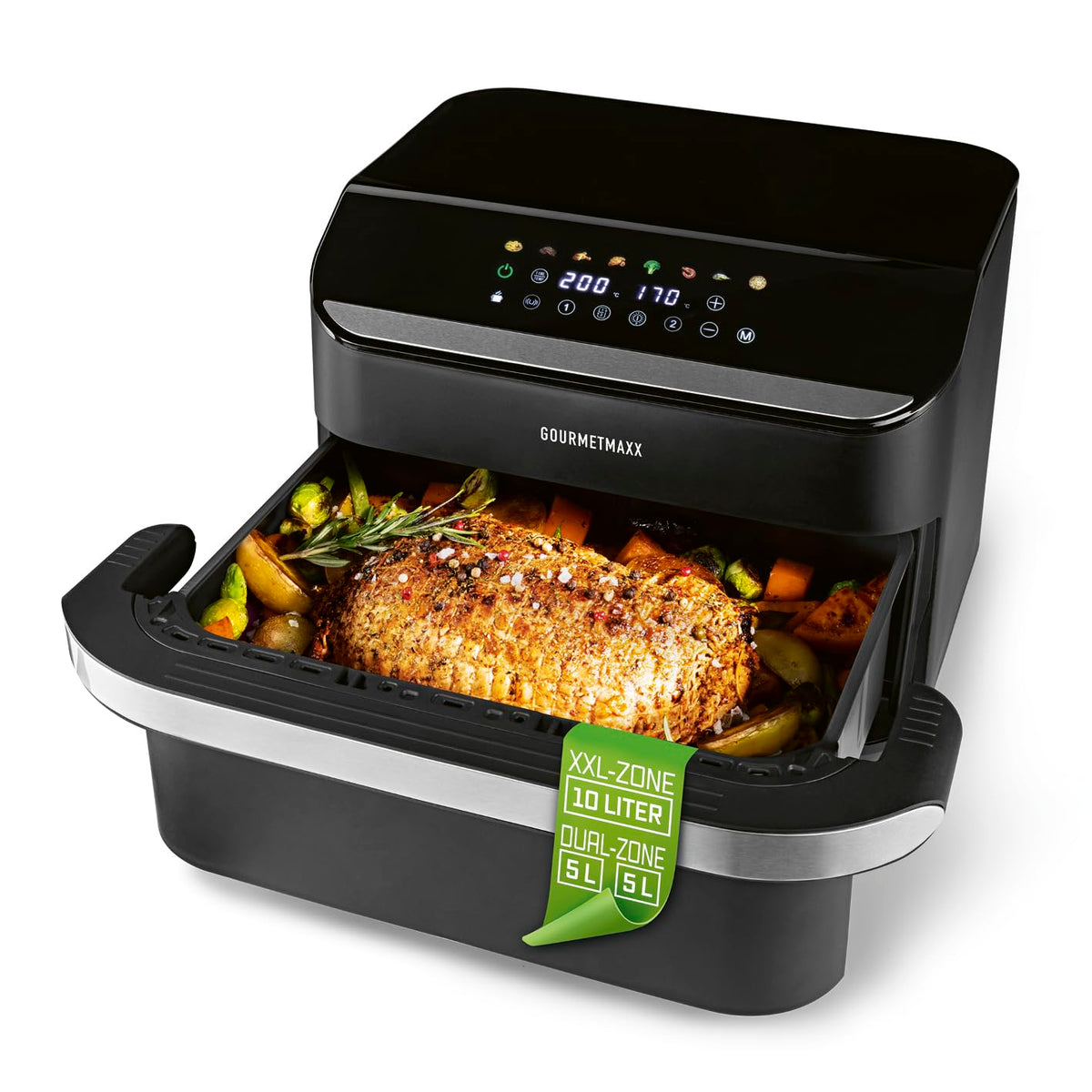 GOURMETmaxx FryUp3 Vertikale Heißluftfritteuse 3 Kammern | Heissluftfritteuse XXL 17 Liter | Airfryer mit Multi-Colour-Klapp-Touchdisplay | Air Fryer Friteuse für 12 Personen | 12 One-touch-Programme