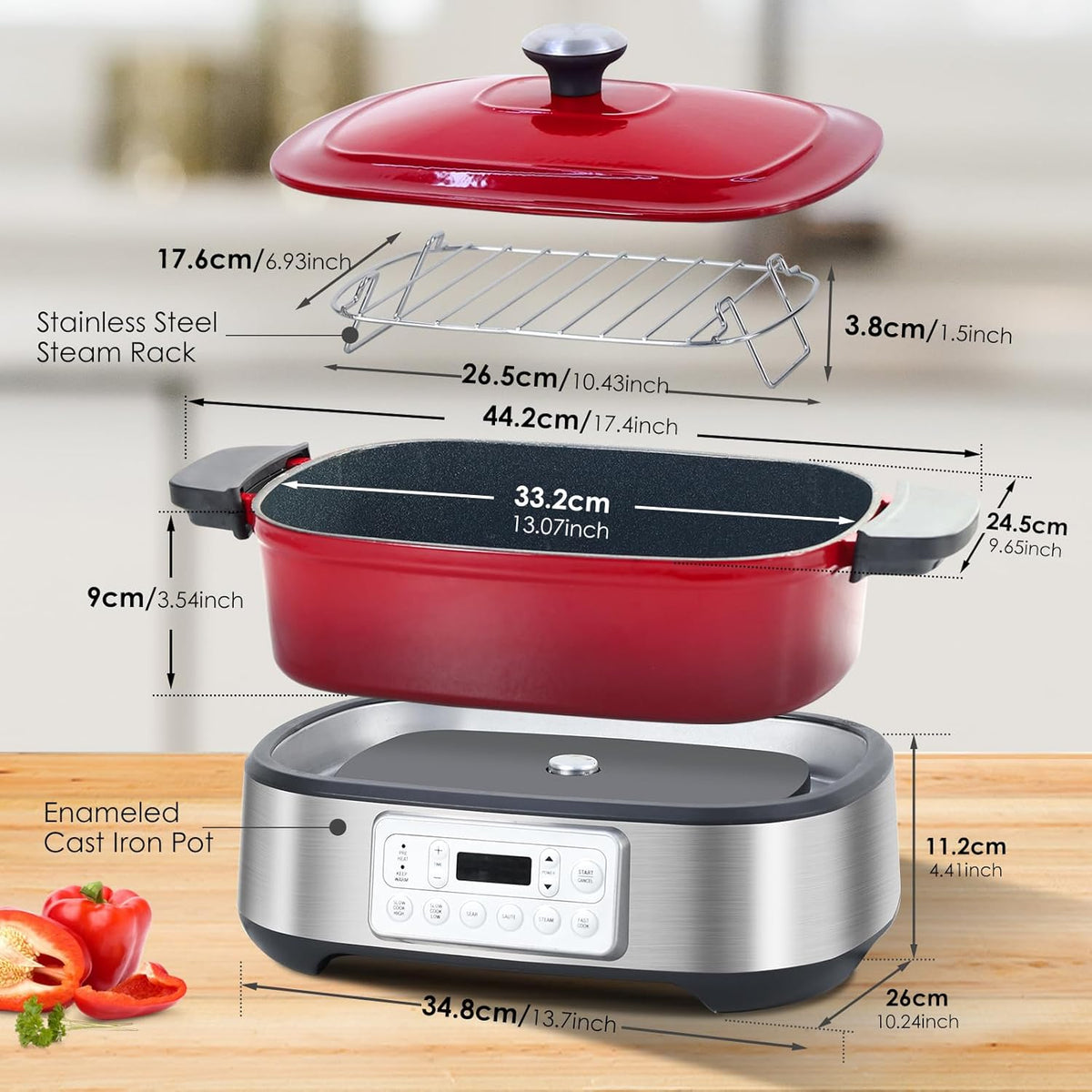 Homtone Schongarer & Multikocher 6-in-1, 5,5L Slow Cooker Programmierbarer