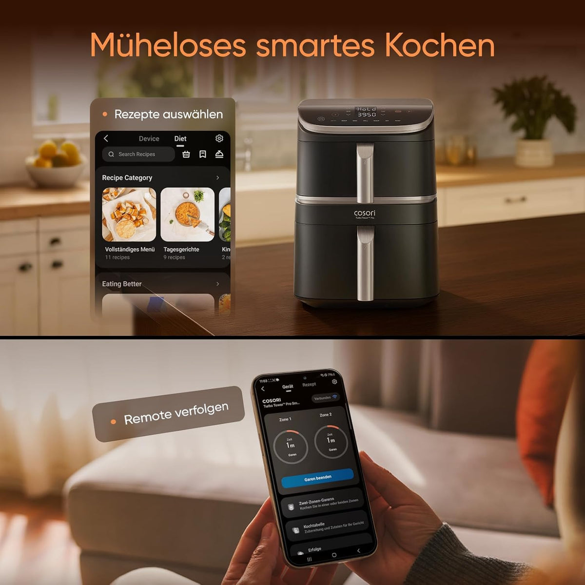 COSORI Turbo Tower Pro Smart Airfryer, 10,8L Keramikbeschichtung Heißluftfritteuse, DualBlaze-Technologie und WLAN-Steuerung, Silbergrau, Grau Silber