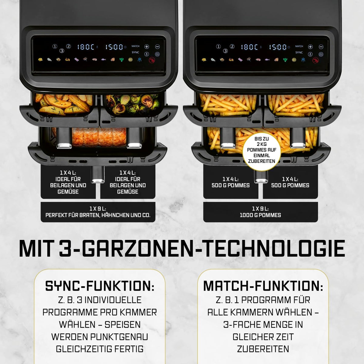 GOURMETmaxx FryUp3 Vertikale Heißluftfritteuse 3 Kammern | Heissluftfritteuse XXL 17 Liter | Airfryer mit Klapp-Touchdisplay, 12 Onetouch-Programmen, Sichtfenstern | Air Fryer Friteuse für 12 Personen