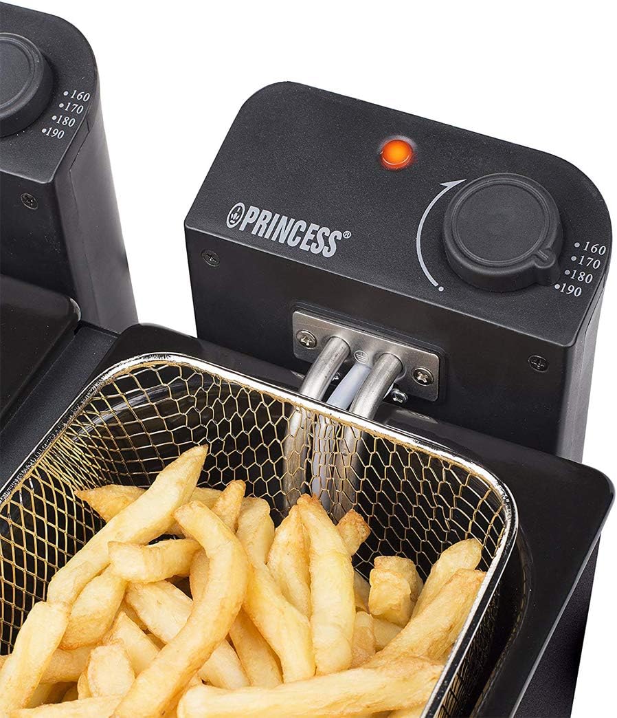 Princess 183028 Edelstahl Doppel-Fritteuse in schwarz - 2 x 3 Liter (2 x 1800 Watt) mit Ölfilter und Kaltzonenfunktion