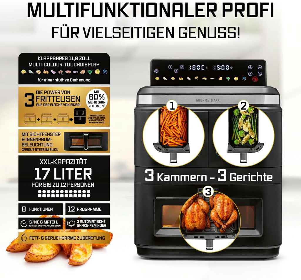 GOURMETmaxx FryUp3 Vertikale Heißluftfritteuse 3 Kammern | Heissluftfritteuse XXL 17 Liter | Airfryer mit Klapp-Touchdisplay, 12 Onetouch-Programmen, Sichtfenstern | Air Fryer Friteuse für 12 Personen