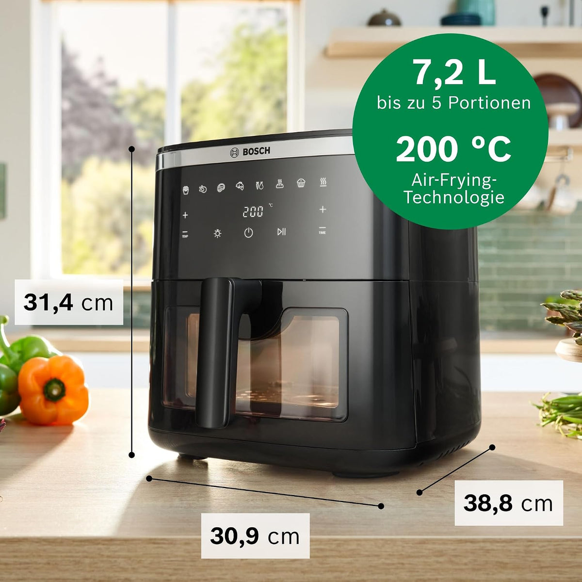 Bosch Heißluftfritteuse Serie 6, XXL 7,2 L Fassungsvermögen, 7 voreingestellte Programme, beleuchtetes Sichtfenster, bis zu 65% schnelleres Kochen, AirFryer in Schwarz, MAF671B0