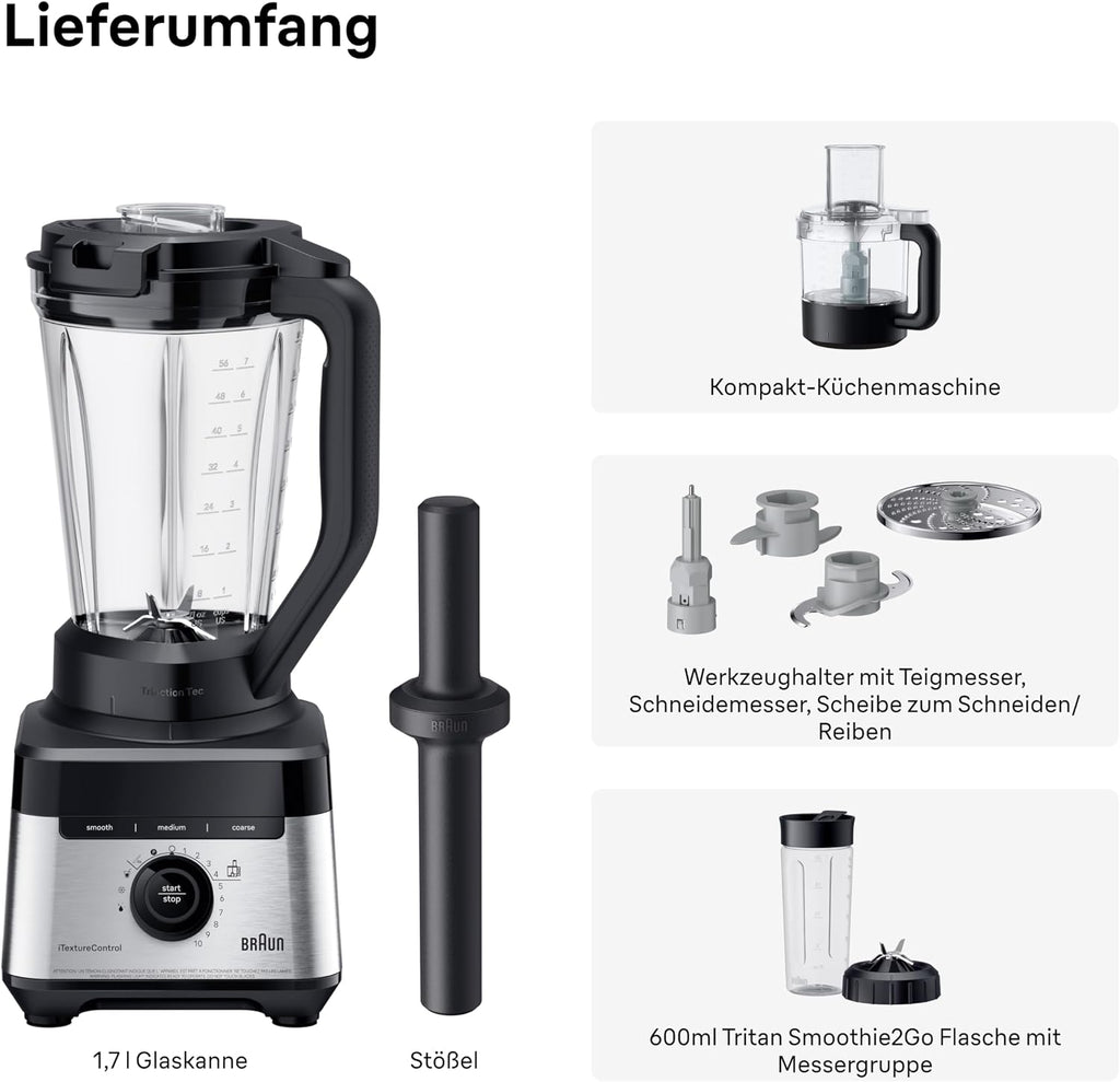 Braun PowerBlend 7 – Hochleistungs-Standmixer mit 30.000 U/min für cremige Smoothies, Shakes & Saucen, TriAction-Mixkrug, iTextureControl, Smoothie2Go 600 ml To-Go Becher, 1400W, Schwarz (JB7568BK)