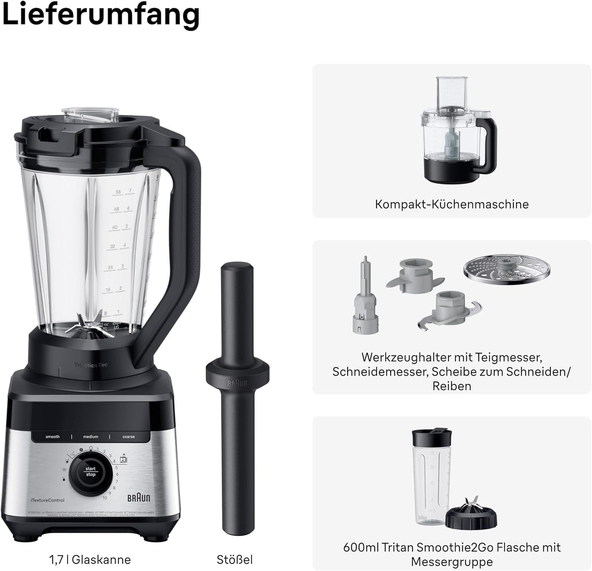 Braun PowerBlend 7 – Hochleistungs-Standmixer mit 30.000 U/min für cremige Smoothies, Shakes & Saucen, TriAction-Mixkrug, iTextureControl, Smoothie2Go 600 ml To-Go Becher, 1400W, Schwarz (JB7568BK)