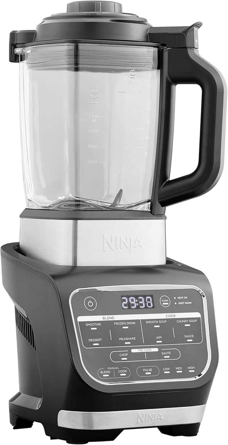 Ninja Foodi Mixer & Suppenbereiter, 10 Auto-iQ-Programme, 1,7L Glaskrug, heißer & kalter Mixer, integriertes Heizelement, Stampfer, Reinigungsprogramm & Bürste, 1000W, Schwarz HB150EU