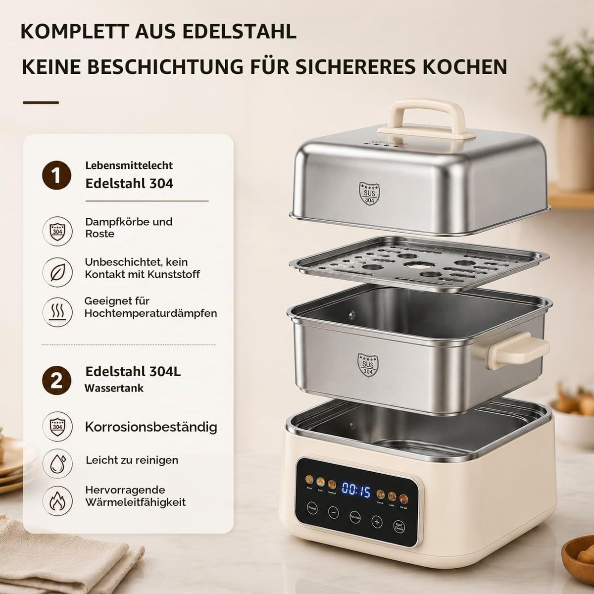 Fulgutonit 304 Edelstahl Elektrischer Dampfgarer 12.5L