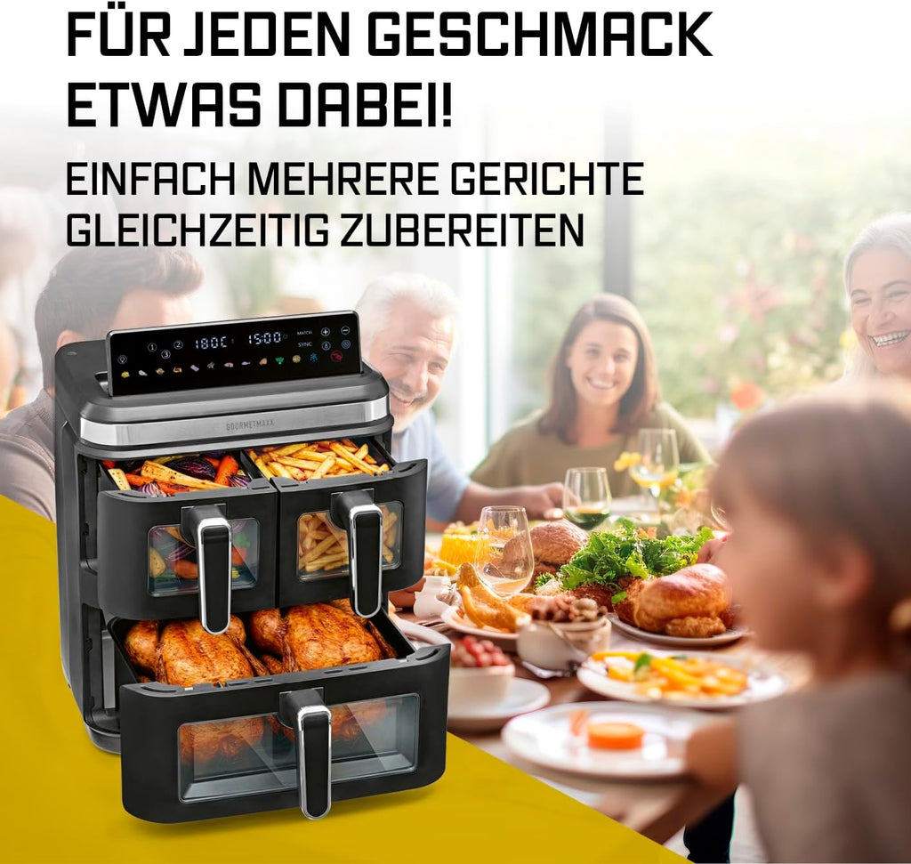 GOURMETmaxx FryUp3 Vertikale Heißluftfritteuse 3 Kammern | Heissluftfritteuse XXL 17 Liter | Airfryer mit Klapp-Touchdisplay, 12 Onetouch-Programmen, Sichtfenstern | Air Fryer Friteuse für 12 Personen
