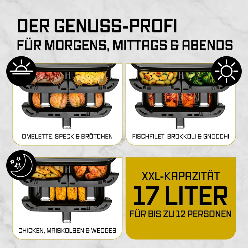 GOURMETmaxx FryUp3 Vertikale Heißluftfritteuse 3 Kammern | Heissluftfritteuse XXL 17 Liter | Airfryer mit Klapp-Touchdisplay, 12 Onetouch-Programmen, Sichtfenstern | Air Fryer Friteuse für 12 Personen