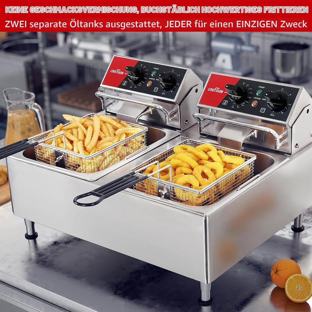 CROSSON 12L Elektrische Fritteuse mit doppeltem Tank und rotierendem Fritteusenkopf, 30-Minuten-Timer, EGO-Thermostat, Aufsatzfritteuse für den gewerblichen Gebrauch