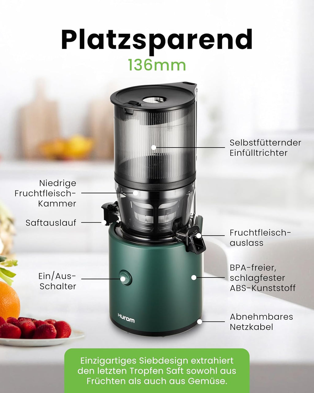Hurom Slow Juicer | Entsafter Gemüse und Obst | H320N | Elektrische Kaltpresse | Ruhiger Motor | Leicht zu Reinigen mit Großem Behälter und Siebfilter 2L | 200 Watt | BPA Frei | Dunkelgrün