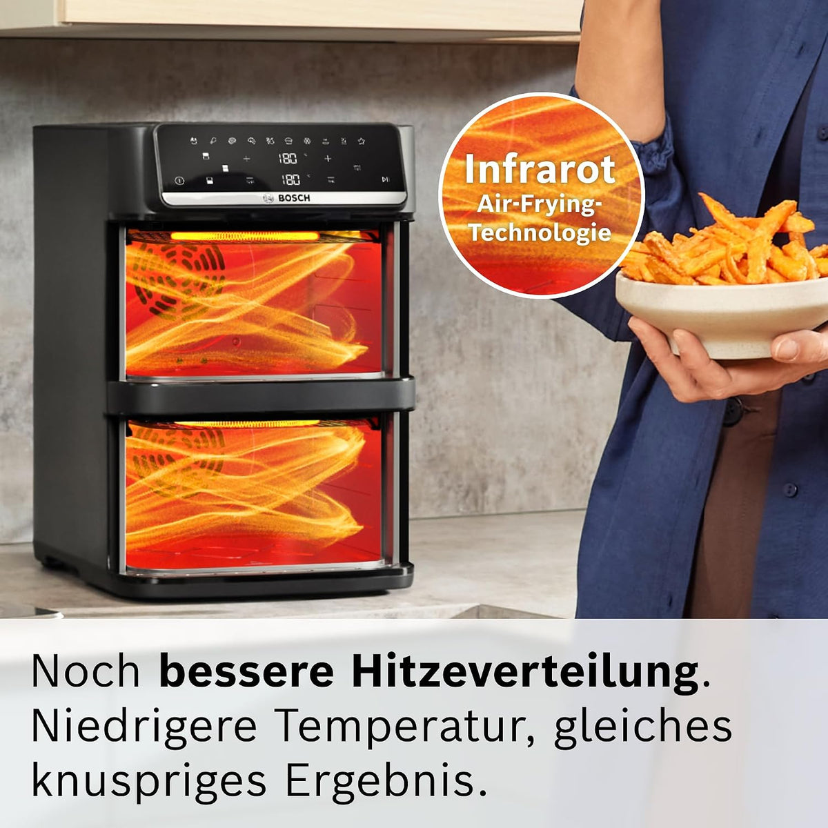 Bosch XXL Heißluftfritteuse, 12,0L Doppelkammer, platzsparend, 6 Programme, PFAS frei, schwarz, AirFryer Serie 6, MAFD661B0