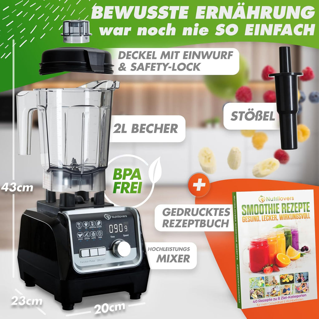 Nutrilovers Hochleistungsmixer NUTRI-BLENDER MAX+ Standmixer 2000W Hochleistung Smoothie-Maker Profi Mixer Blender - 2L Tritan, BPA-FREI, 9 Stufen, Digital-Timer Inkl. Smoothie Rezeptbuch