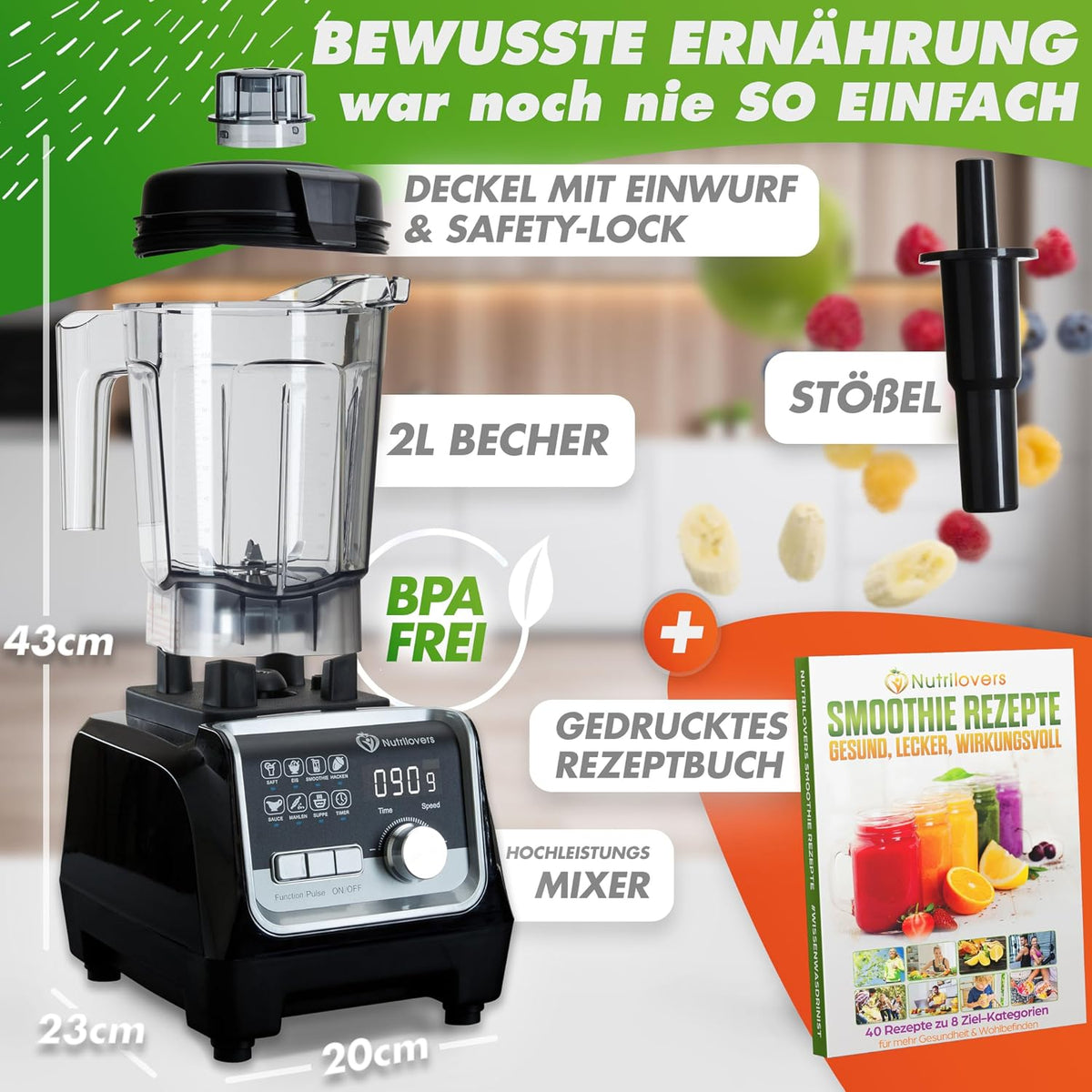 Nutrilovers Hochleistungsmixer NUTRI-BLENDER MAX+ Standmixer 2000W Hochleistung Smoothie-Maker Profi Mixer Blender - 2L Tritan, BPA-FREI, 9 Stufen, Digital-Timer Inkl. Smoothie Rezeptbuch