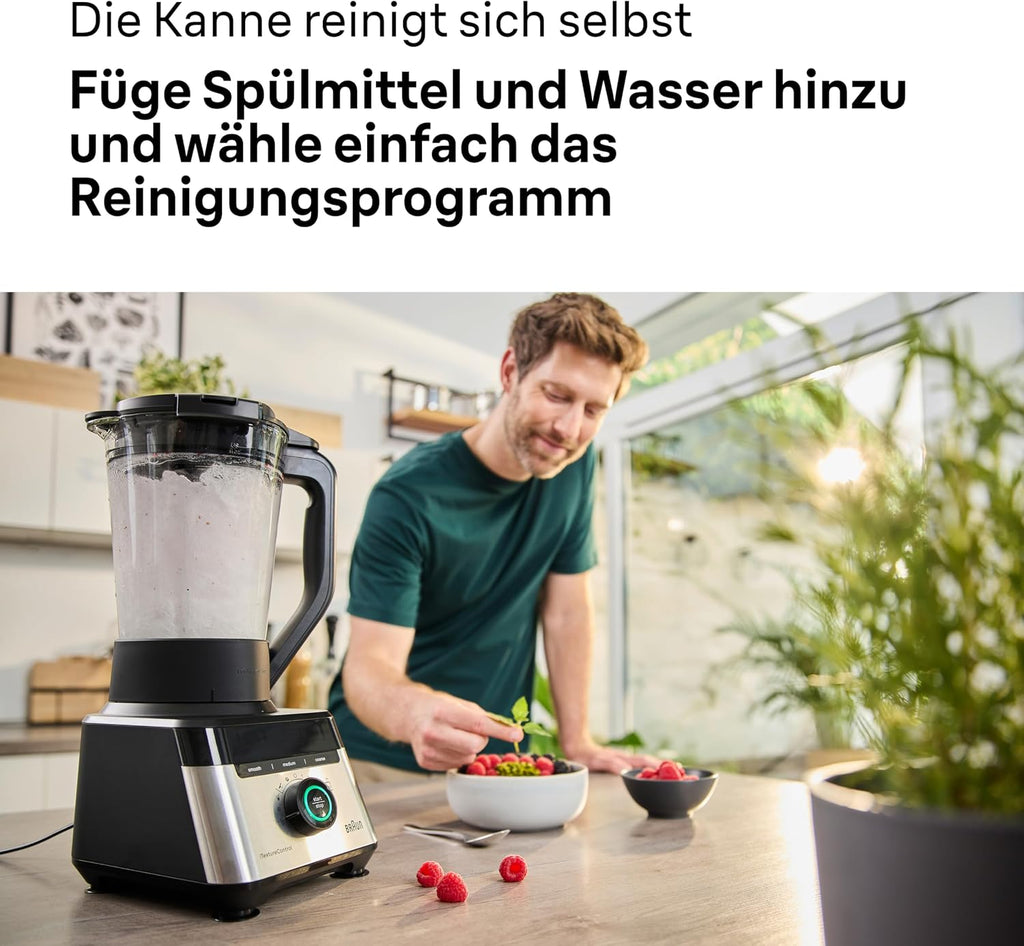 Braun PowerBlend 7 – Hochleistungs-Standmixer mit 30.000 U/min für cremige Smoothies, Shakes & Saucen, TriAction-Mixkrug, iTextureControl, Smoothie2Go 600 ml To-Go Becher, 1400W, Schwarz (JB7568BK)