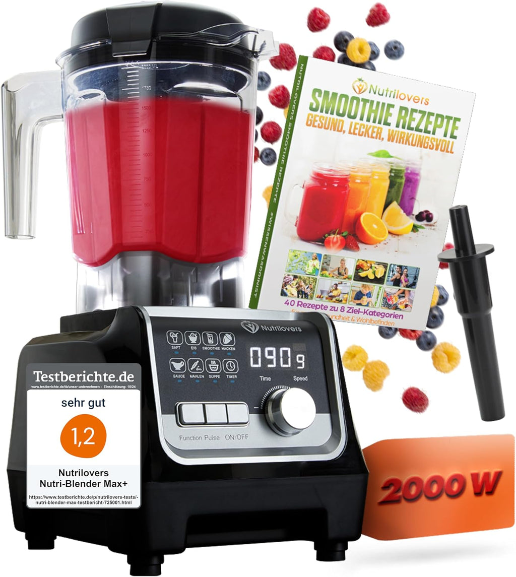 Nutrilovers Hochleistungsmixer NUTRI-BLENDER MAX+ Standmixer 2000W Hochleistung Smoothie-Maker Profi Mixer Blender - 2L Tritan, BPA-FREI, 9 Stufen, Digital-Timer Inkl. Smoothie Rezeptbuch