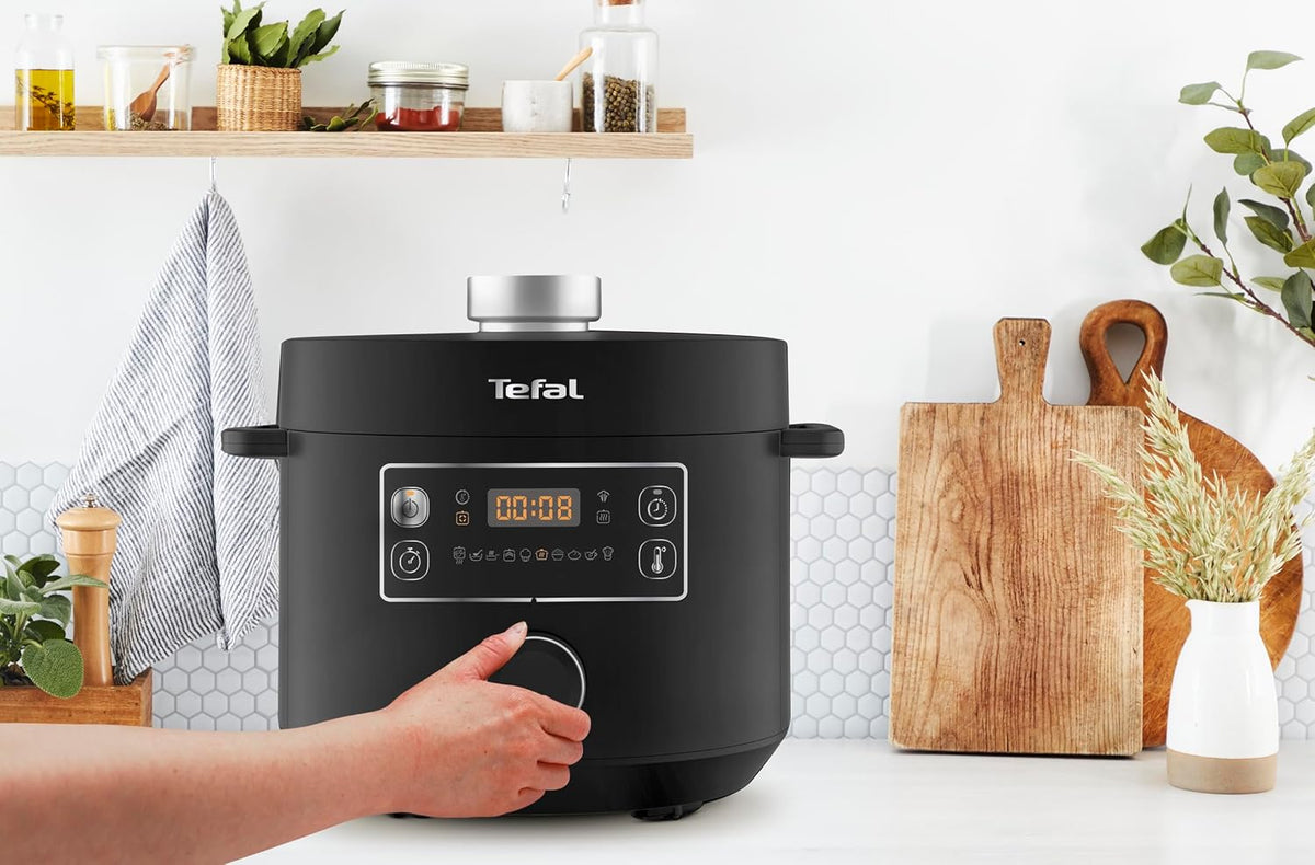 Tefal Turbo Cuisine Multikocher 4,8L, High-Speed & 10 Programme: Dampfgarer, Schmoren, Anbraten, Sous-vide, Reis & mehr, Verzögerung & Warmhaltefunktion, Antihaft, Zubehör inkl., Schwarz, CY7548