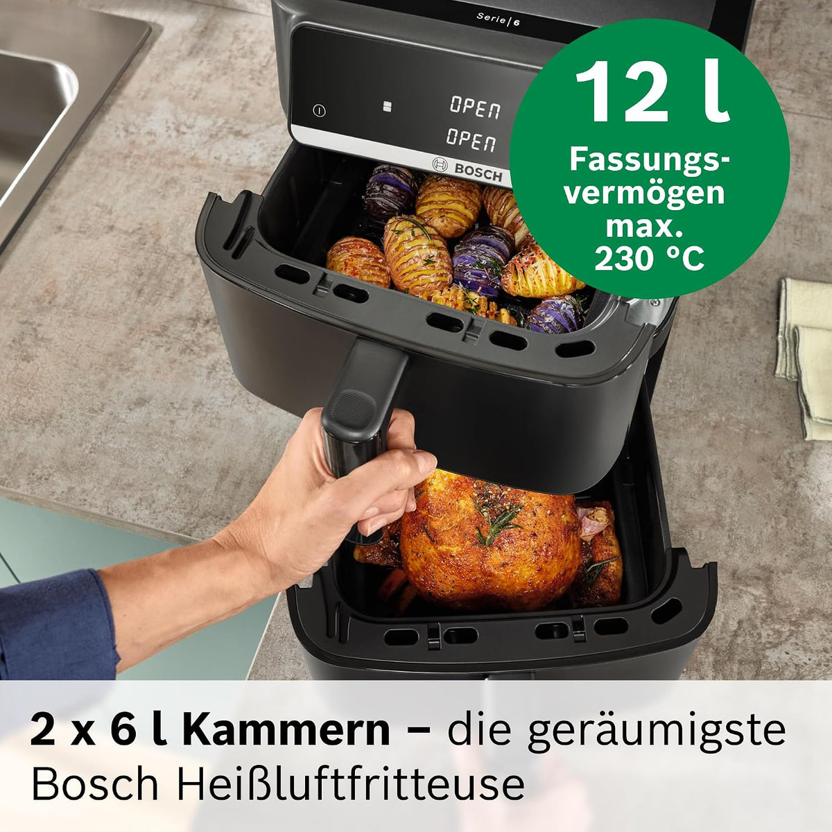 Bosch XXL Heißluftfritteuse, 12,0L Doppelkammer, platzsparend, 6 Programme, PFAS frei, schwarz, AirFryer Serie 6, MAFD661B0