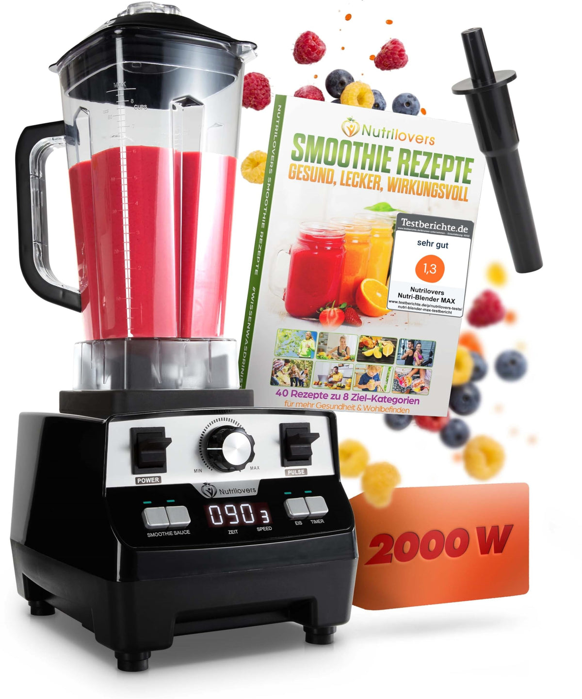 Nutrilovers Hochleistungsmixer NUTRI-BLENDER MAX+ Standmixer 2000W Hochleistung Smoothie-Maker Profi Mixer Blender - 2L Tritan, BPA-FREI, 9 Stufen, Digital-Timer Inkl. Smoothie Rezeptbuch
