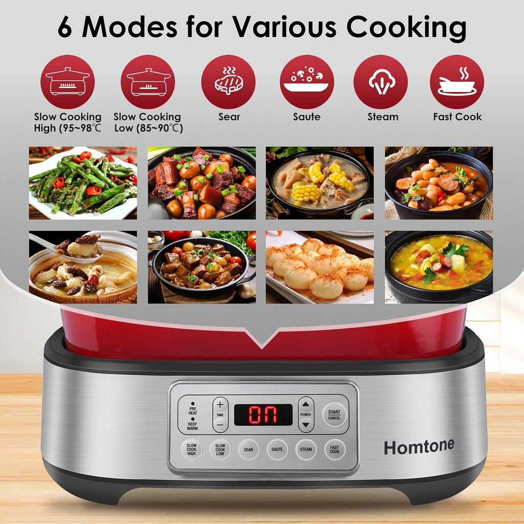 Homtone Schongarer & Multikocher 6-in-1, 5,5L Slow Cooker Programmierbarer