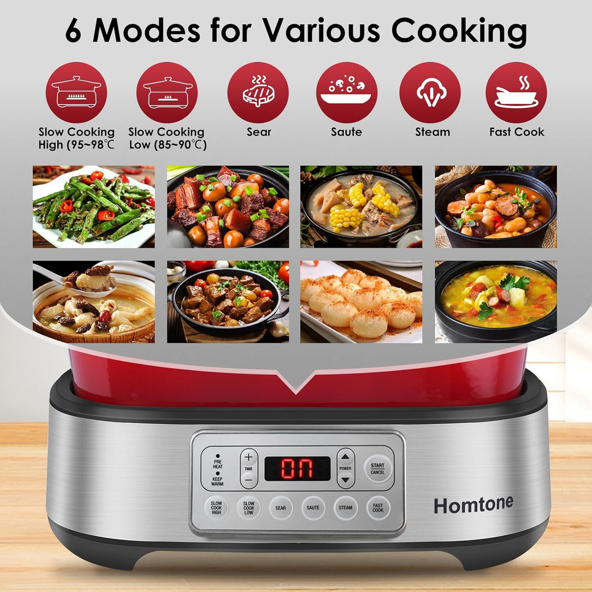 Homtone Schongarer & Multikocher 6-in-1, 5,5L Slow Cooker Programmierbarer