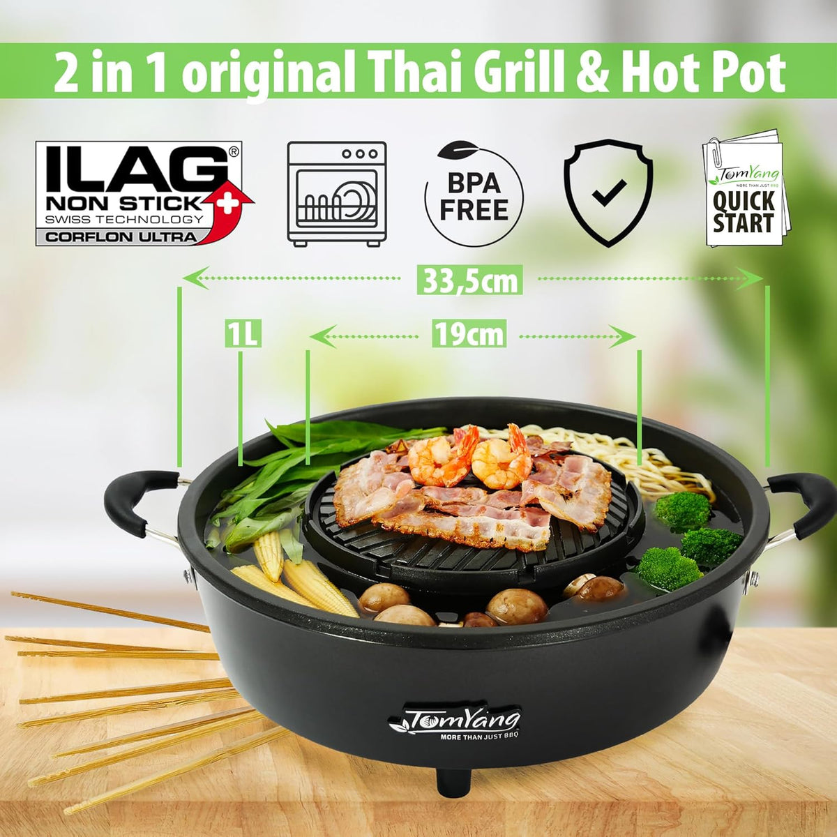 TomYang Hot Pot – Der Original Thai Grill, Designed in Germany, Schweizer Antihaftbeschichtung, mehr als 100 Anleitungsvideos & Rezepte. Korean BBQ, Hotpot, Mookata Thai Hot Pot Topf