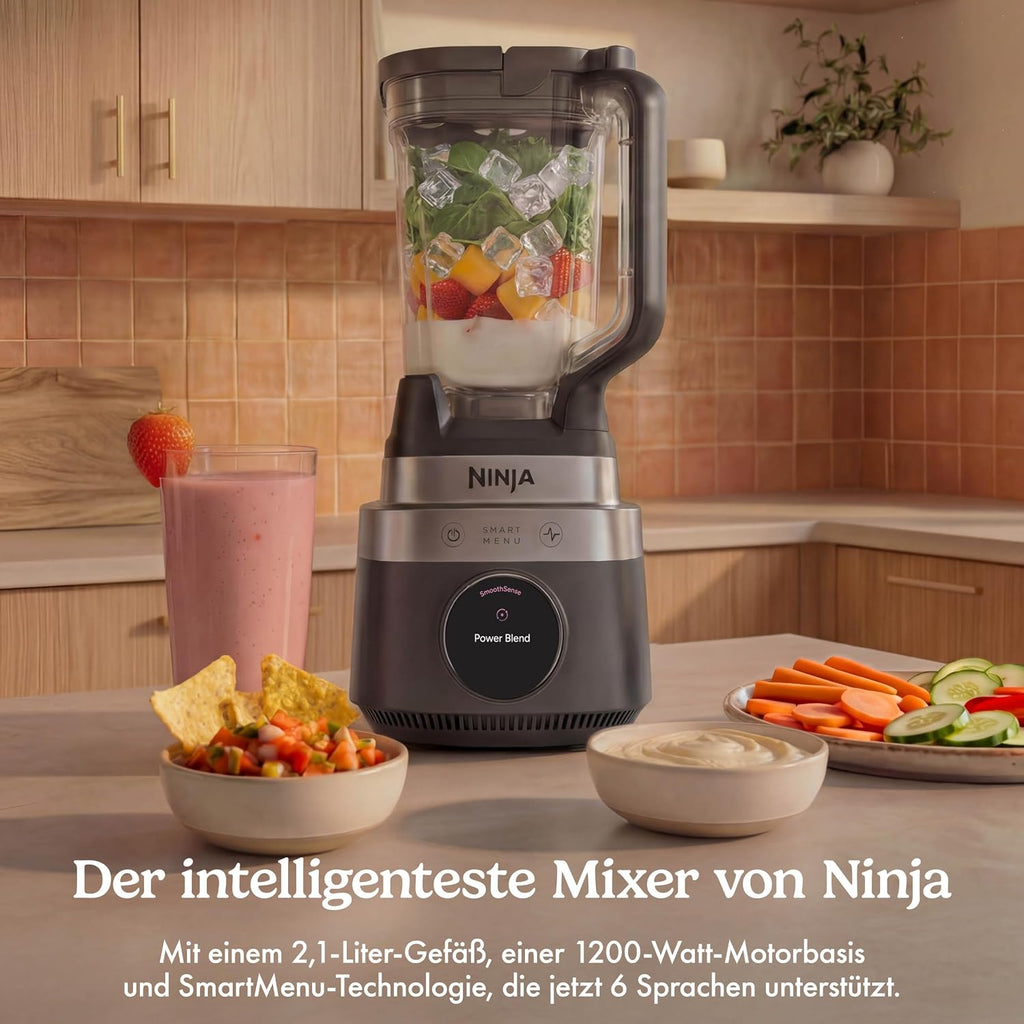 Ninja CrushBOSS intelligenter Standmixer, 1200 W, SmartMenu, SmoothSense, XL Becher (2,1 l), zerkleinert Eis und gefrorene Zutaten, für cremige Smoothies, Onyx, LB201EUBK