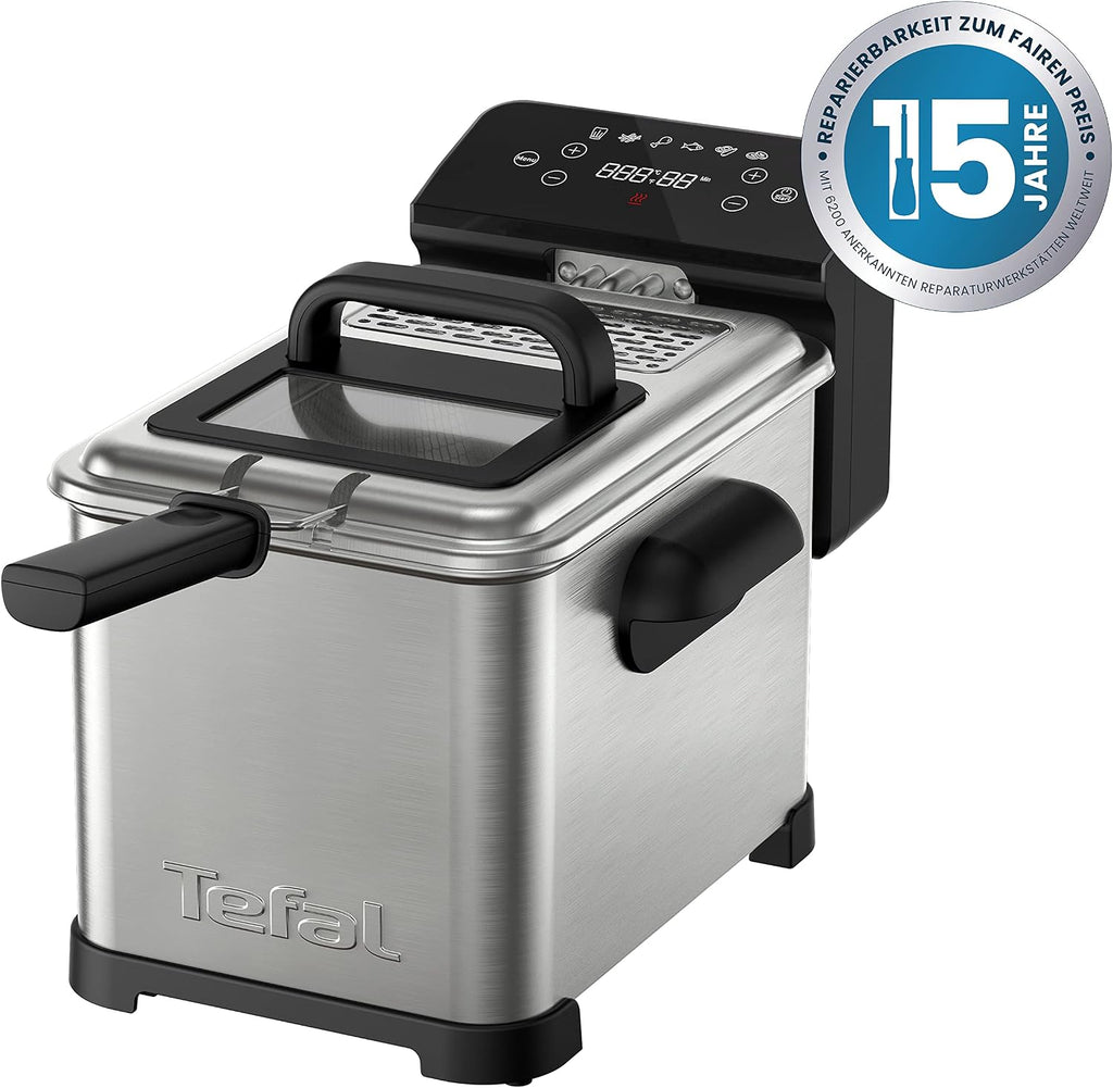 Tefal FR507D Family Pro Digital Elektrische Fritteuse | 4 L Öl-Kapazität | Kühlzonen-Technologie | spülmaschinenfeste Teile | digitaler LED-Bildschirm mit Touch-Panel | Schwarz/Edelstahl