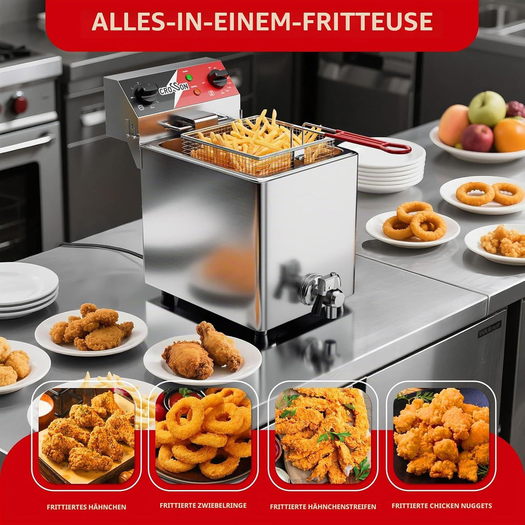 CROSSON 8L Professionelle Elektrische Fritteuse mit ablaufhahn,3250W Kommerzielle Elektrische Fritteuse aus Edelstahl mit Korb & Deckel,Temperaturkontrolle 80-200°C Schnelles Erhitzen,30-Minuten-Timer