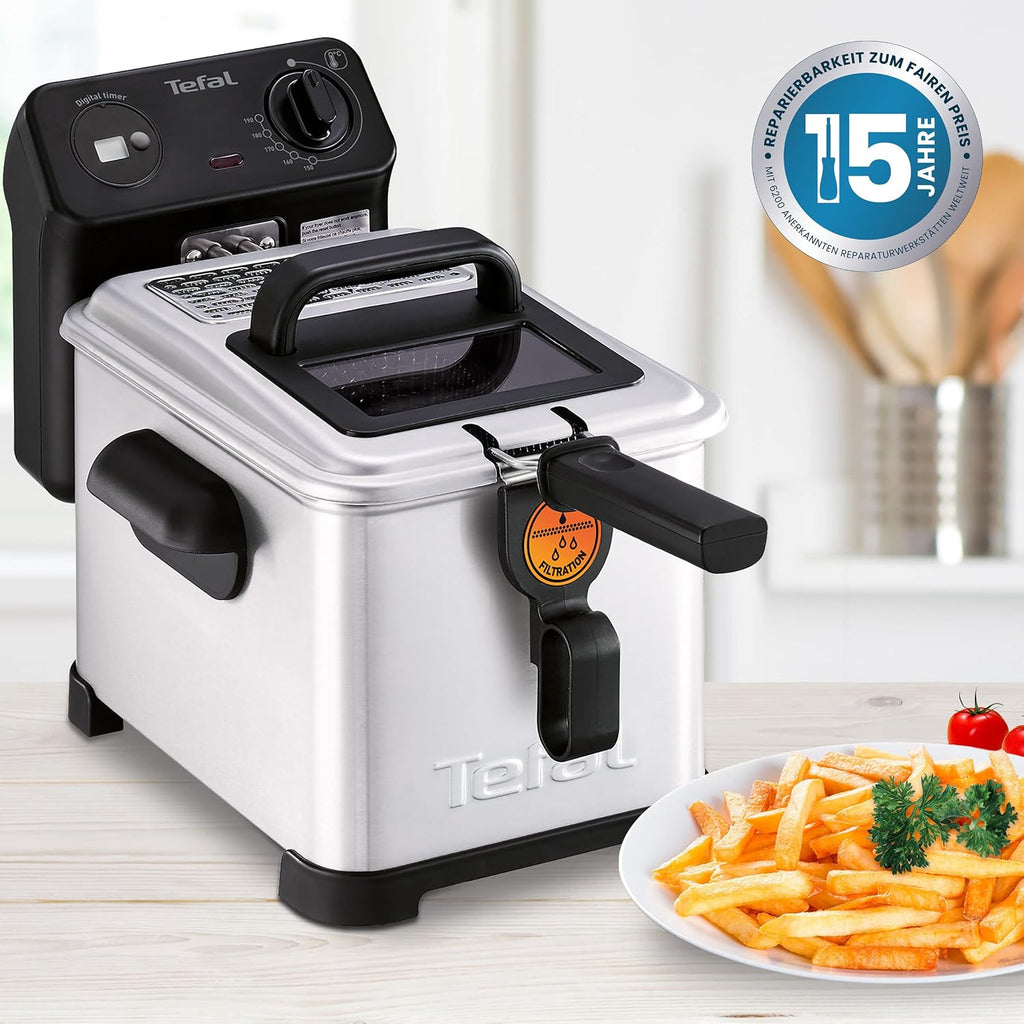 Tefal Filtra Pro Elektrische Fritteuse 4 Liter Öl-Kapazität, Auffangsieb für reineres Öl, spülmaschinenfeste Teile, Sichtfenster, einstellbare Temperaturkontrolle, schwarz, Edelstahl, FR5160