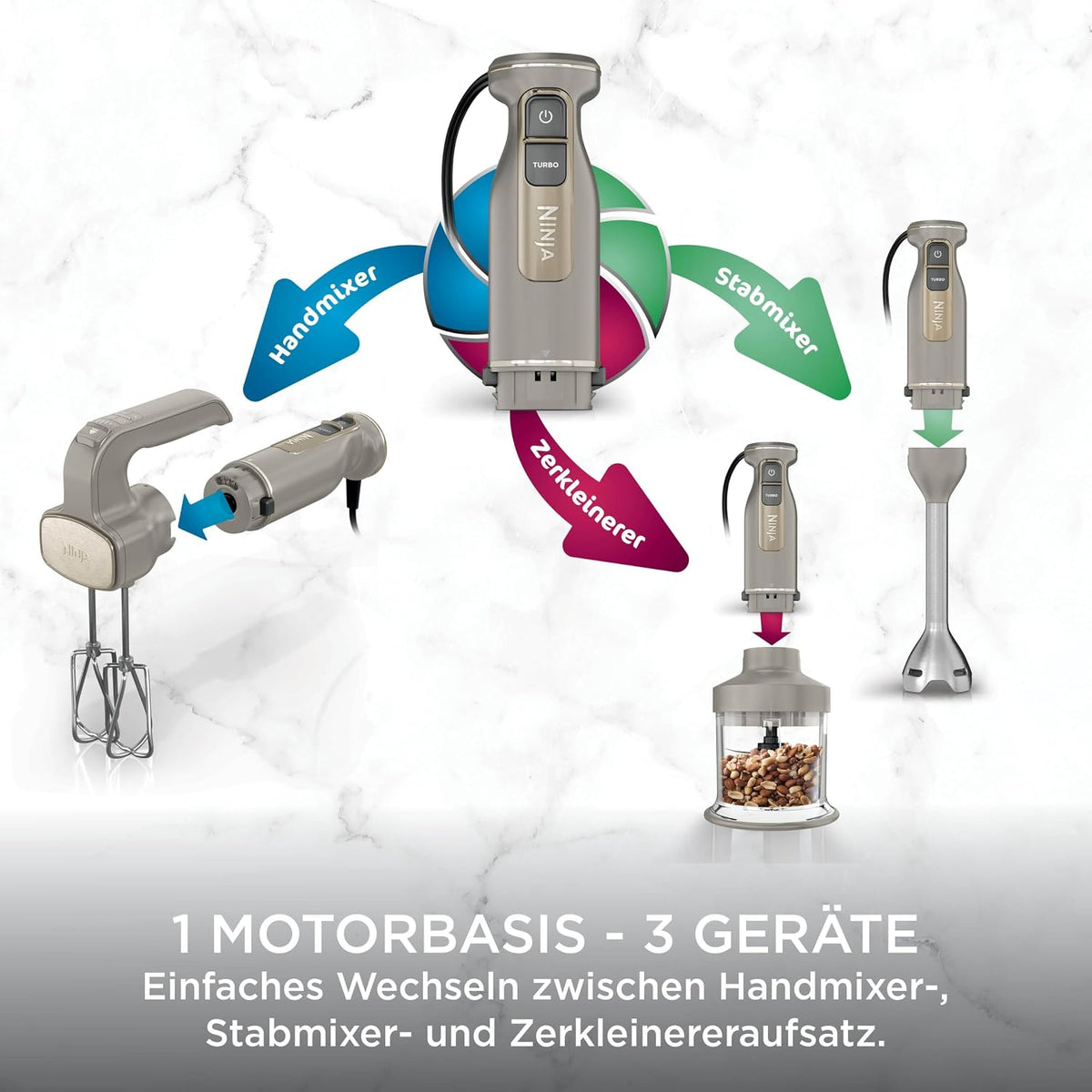 Ninja Foodi 3-in-1 Stabmixer, Handmixer & Zerkleinerer, Stufenweise Anlauf