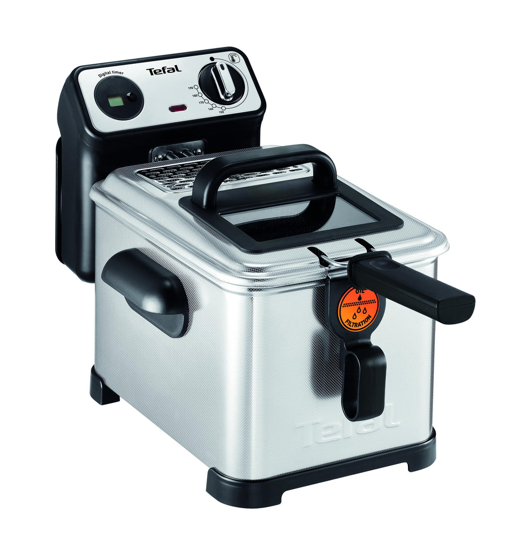 Tefal Filtra Pro Elektrische Fritteuse 4 Liter Öl-Kapazität, Auffangsieb für reineres Öl, spülmaschinenfeste Teile, Sichtfenster, einstellbare Temperaturkontrolle, schwarz, Edelstahl, FR5160