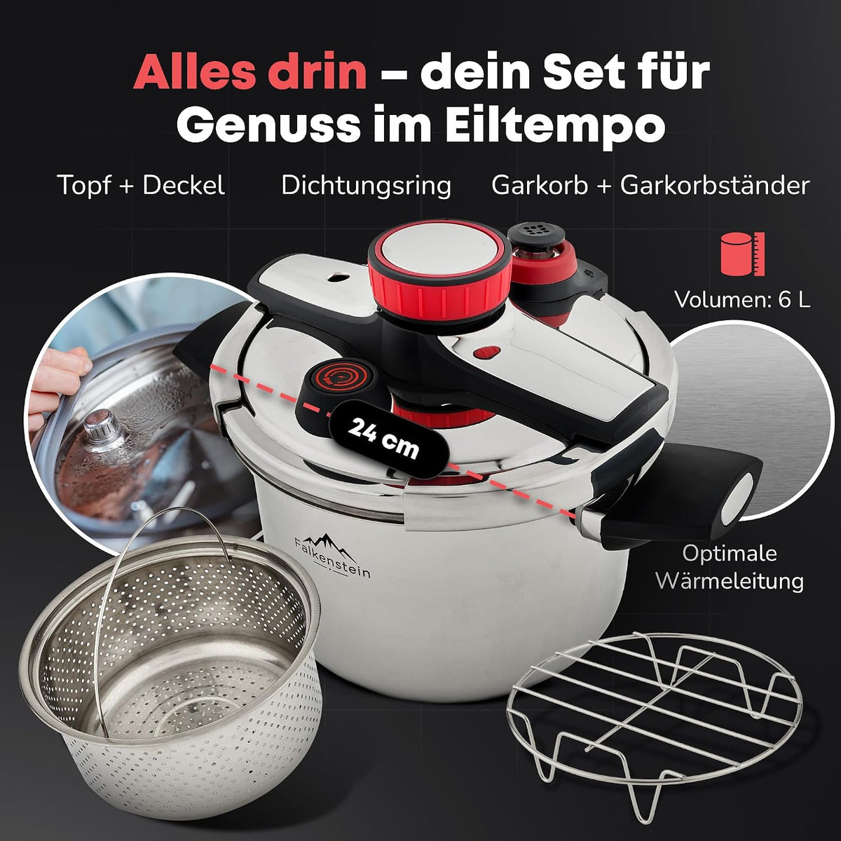 𝐅𝐚𝐥𝐤𝐞𝐧𝐬𝐭𝐞𝐢𝐧 Schnellkochtopf 6l [mit Garkorb] Pressure Cooker
