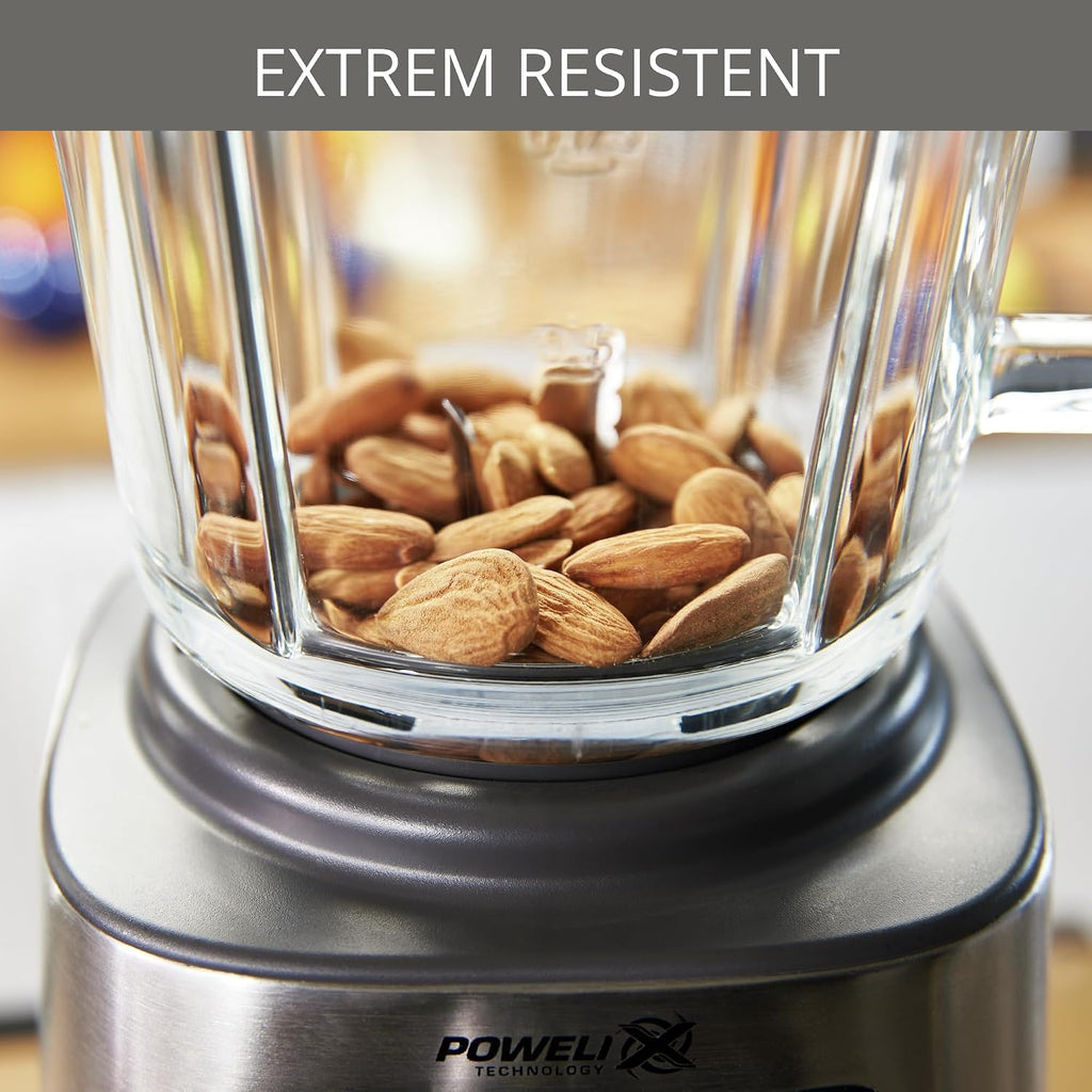 Krups KB403D Perfectmix + Hochleistungsstandmixer, 1.200W, 28.000 UpM, 2L Glasbehälter, 3 voreingestellte Programme, Powelix- Technologie, Edelstahl/Dunkelgrau