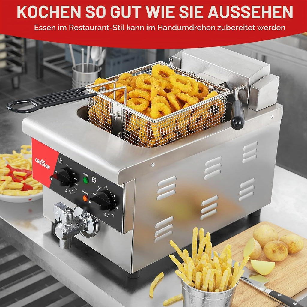 CROSSON Elektrische Fritteuse mit öl 6L, Kommerzielle Elektrische Fritteuse aus Edelstahl mit Ablaufhahn,Timer,Temperaturkontrolle 80-200°C,3000W