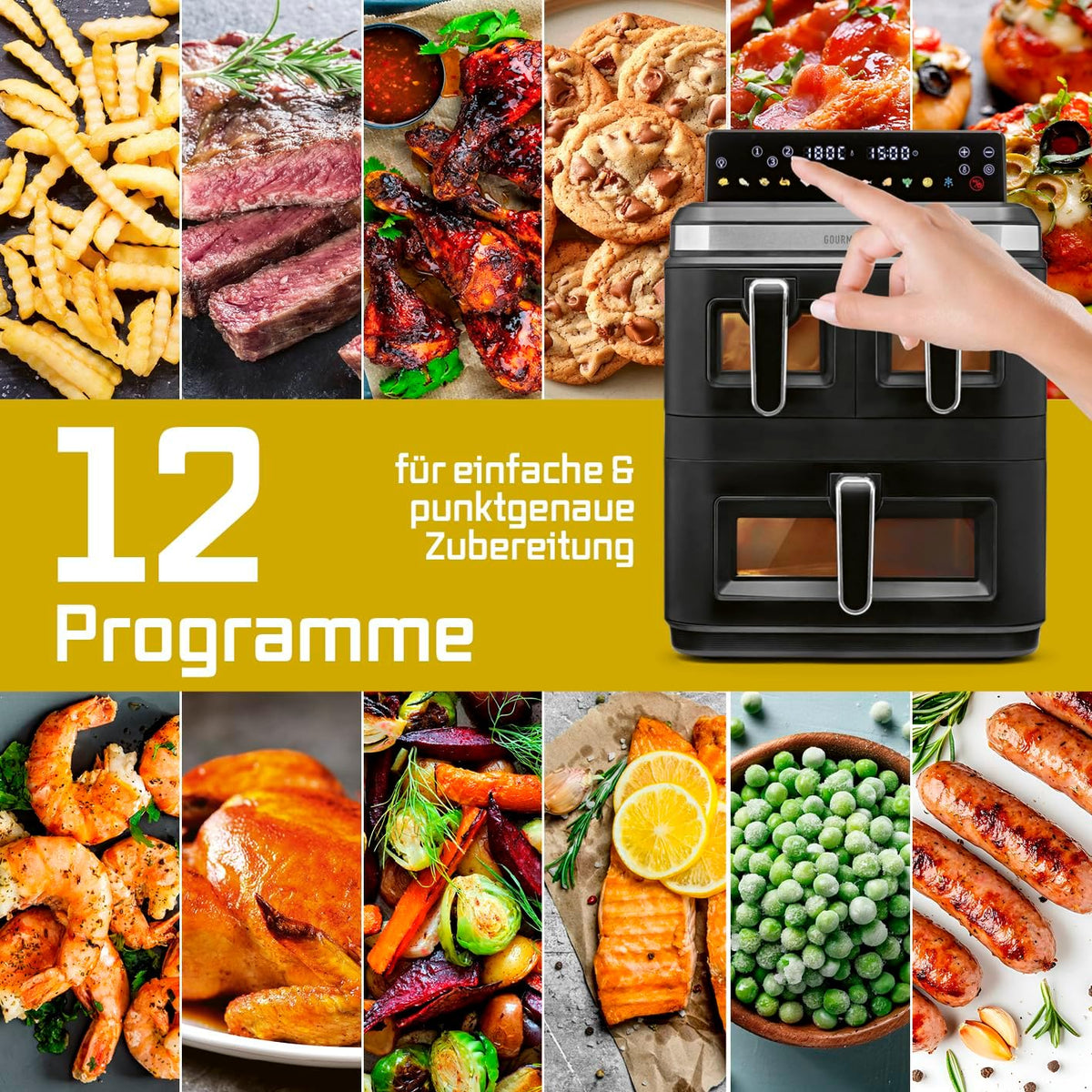 GOURMETmaxx FryUp3 Vertikale Heißluftfritteuse 3 Kammern | Heissluftfritteuse XXL 17 Liter | Airfryer mit Klapp-Touchdisplay, 12 Onetouch-Programmen, Sichtfenstern | Air Fryer Friteuse für 12 Personen
