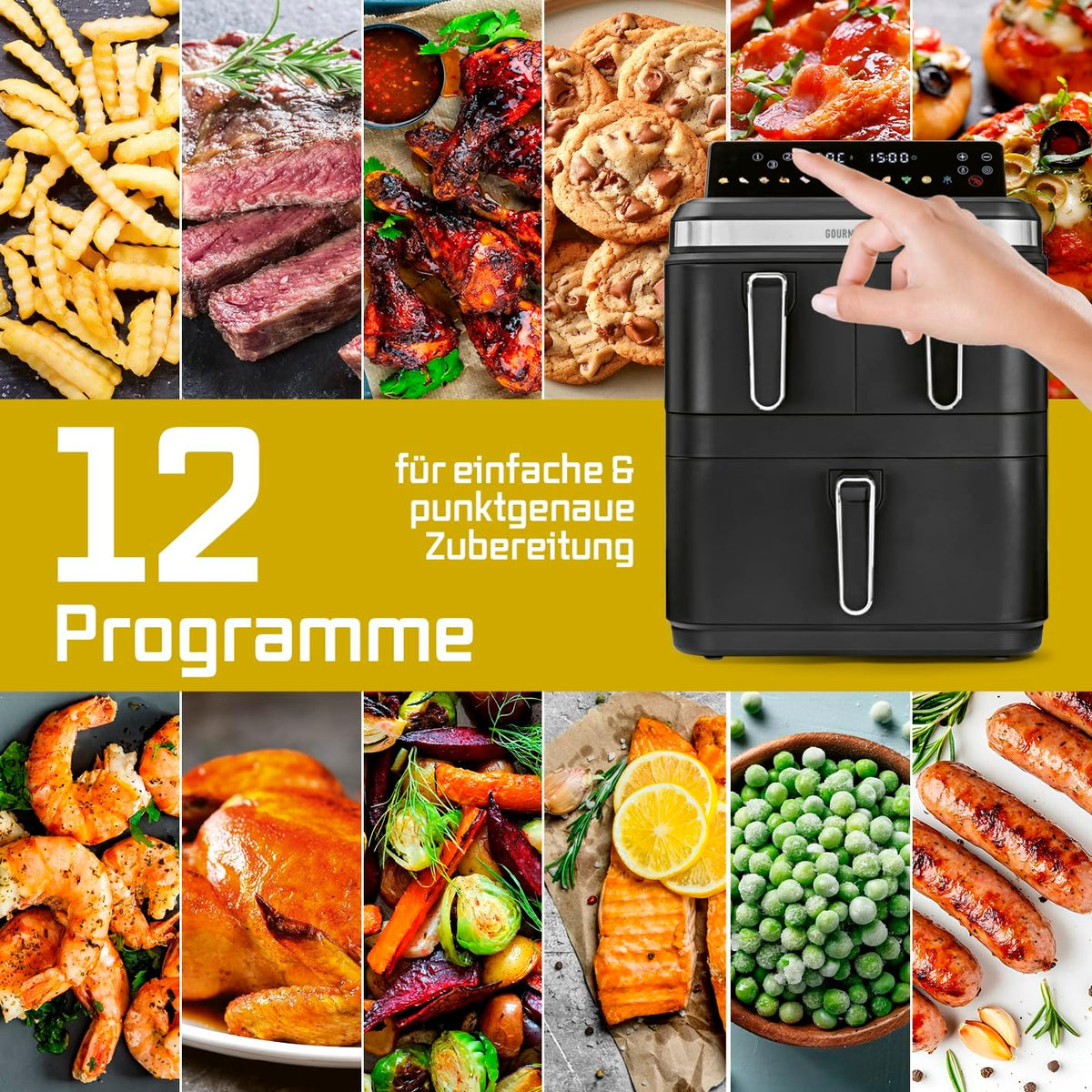 GOURMETmaxx FryUp3 Vertikale Heißluftfritteuse 3 Kammern | Heissluftfritteuse XXL 17 Liter | Airfryer mit Multi-Colour-Klapp-Touchdisplay | Air Fryer Friteuse für 12 Personen | 12 One-touch-Programme