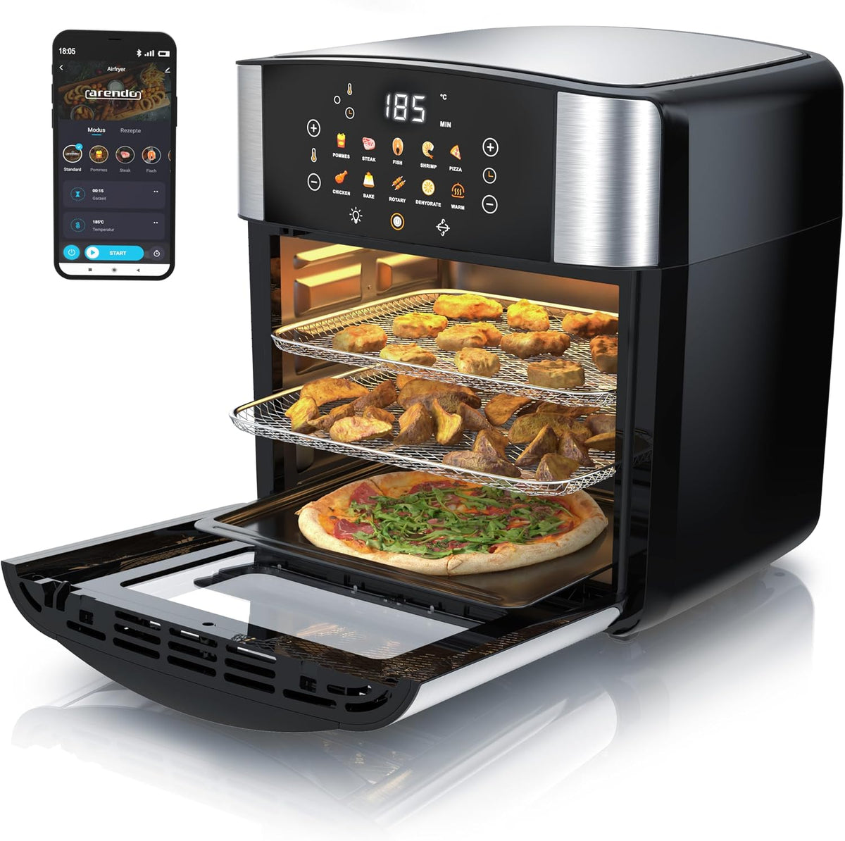 Arendo - Heißluftfritteuse XXL Smart Wlan - extra Groß 16 Liter - Backofen Umluft - Grill - Dörrautomat - Air Fryer - Touchscreen - Easy&Clean - Fritteuse ohne Öl - Pizza Hähnchen Pommes - BPA frei