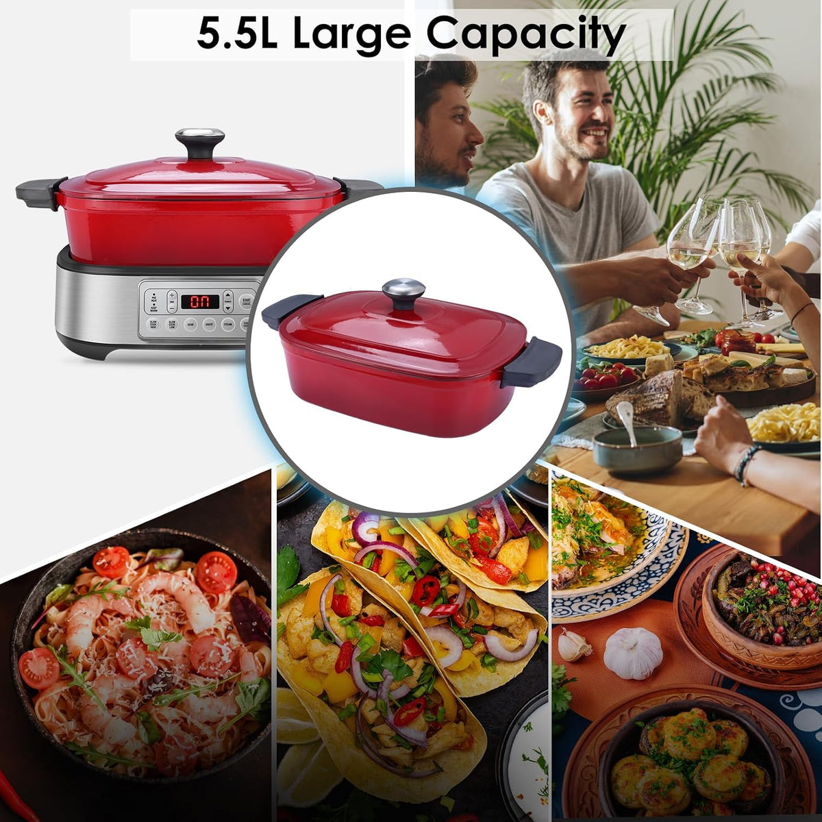 Homtone Schongarer & Multikocher 6-in-1, 5,5L Slow Cooker Programmierbarer