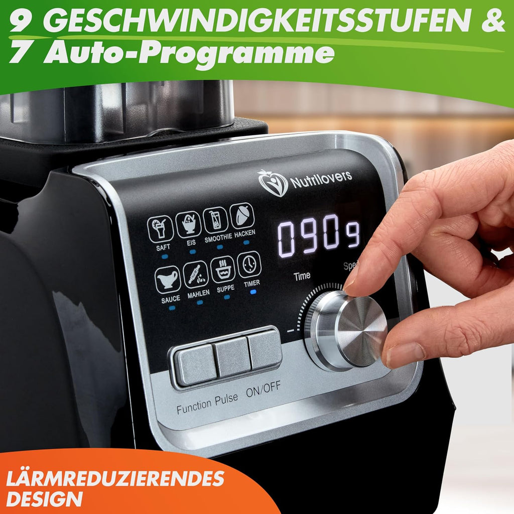 Nutrilovers Hochleistungsmixer NUTRI-BLENDER MAX+ Standmixer 2000W Hochleistung Smoothie-Maker Profi Mixer Blender - 2L Tritan, BPA-FREI, 9 Stufen, Digital-Timer Inkl. Smoothie Rezeptbuch