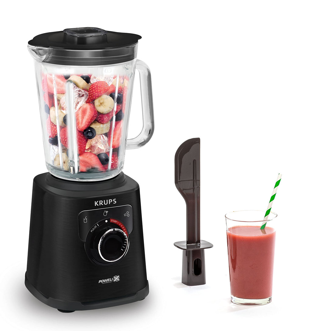 Krups KB403D Perfectmix + Hochleistungsstandmixer, 1.200W, 28.000 UpM, 2L Glasbehälter, 3 voreingestellte Programme, Powelix- Technologie, Edelstahl/Dunkelgrau