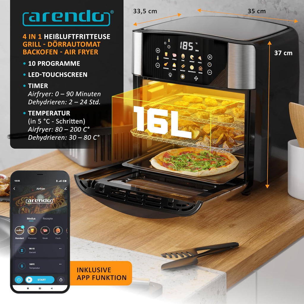 Arendo - Heißluftfritteuse XXL Smart Wlan - extra Groß 16 Liter - Backofen Umluft - Grill - Dörrautomat - Air Fryer - Touchscreen - Easy&Clean - Fritteuse ohne Öl - Pizza Hähnchen Pommes - BPA frei