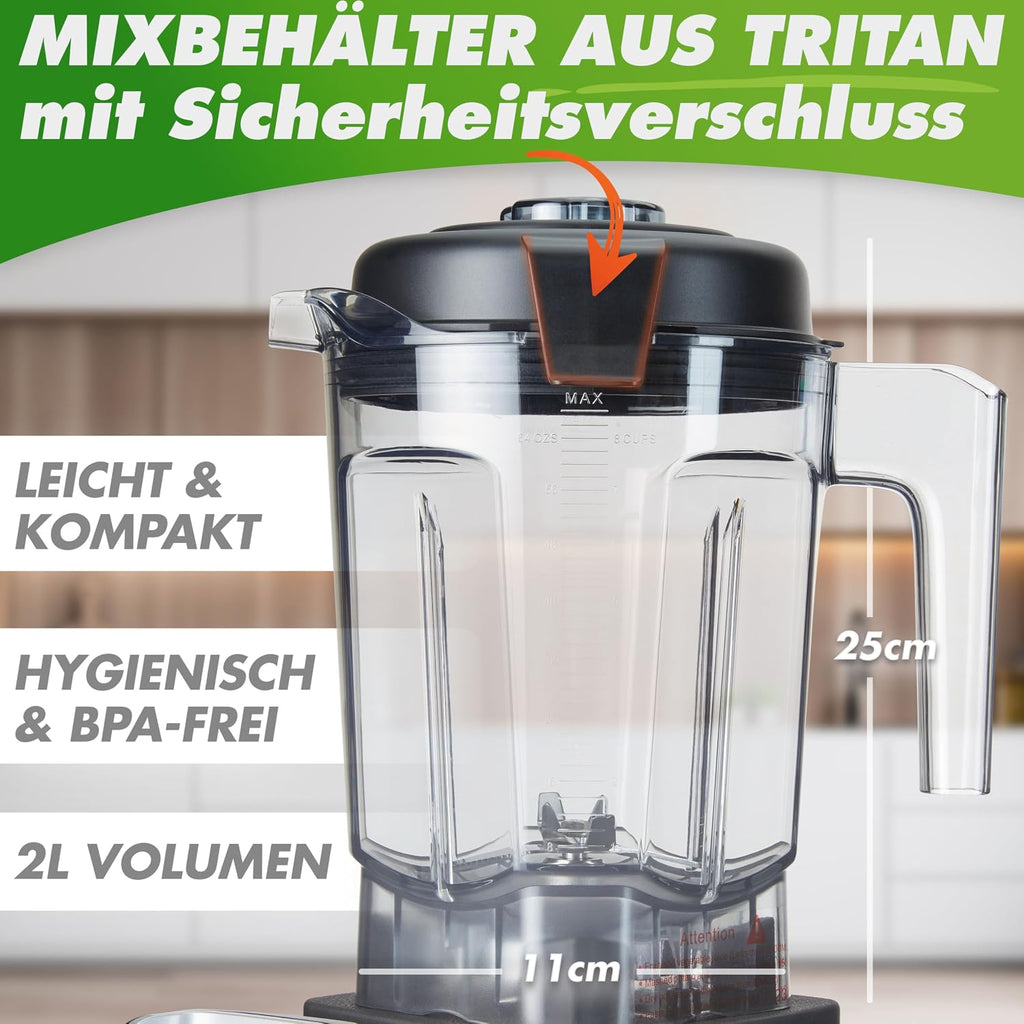 Nutrilovers Hochleistungsmixer NUTRI-BLENDER MAX+ Standmixer 2000W Hochleistung Smoothie-Maker Profi Mixer Blender - 2L Tritan, BPA-FREI, 9 Stufen, Digital-Timer Inkl. Smoothie Rezeptbuch