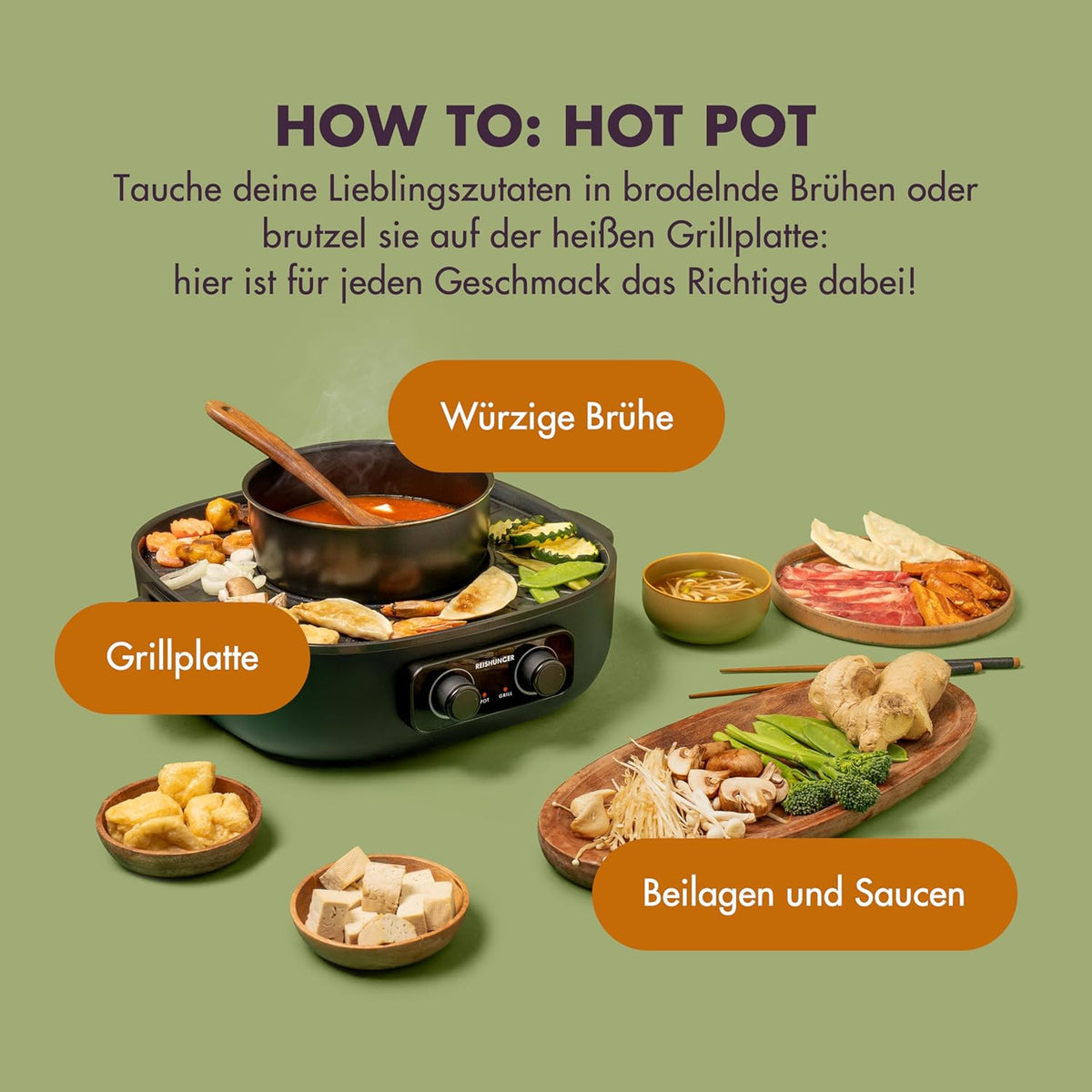 REISHUNGER Elektrischer Hot Pot mit Grillfunktion – für 2-4 Personen – 2 Liter Füllvolumen – Hot Pot mit Deckel – für Korean BBQ
