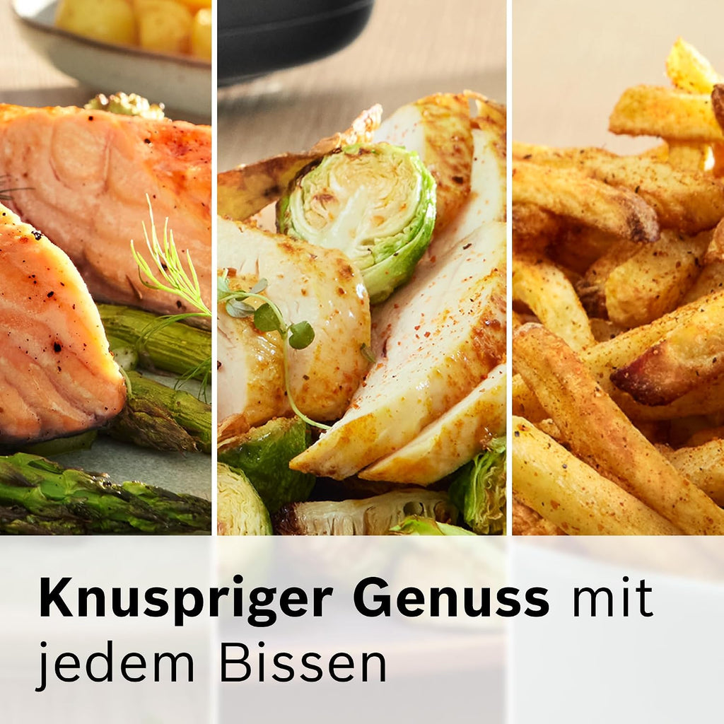 Bosch Heißluftfritteuse Serie 6, XXL 7,2 L Fassungsvermögen, 7 voreingestellte Programme, beleuchtetes Sichtfenster, bis zu 65% schnelleres Kochen, AirFryer in Schwarz, MAF671B0