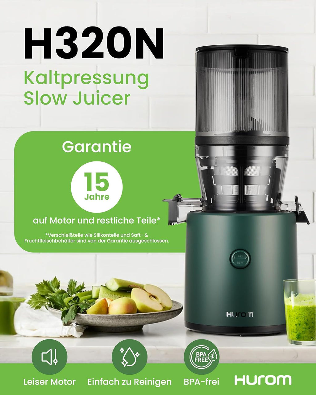 Hurom Slow Juicer | Entsafter Gemüse und Obst | H320N | Elektrische Kaltpresse | Ruhiger Motor | Leicht zu Reinigen mit Großem Behälter und Siebfilter 2L | 200 Watt | BPA Frei | Dunkelgrün