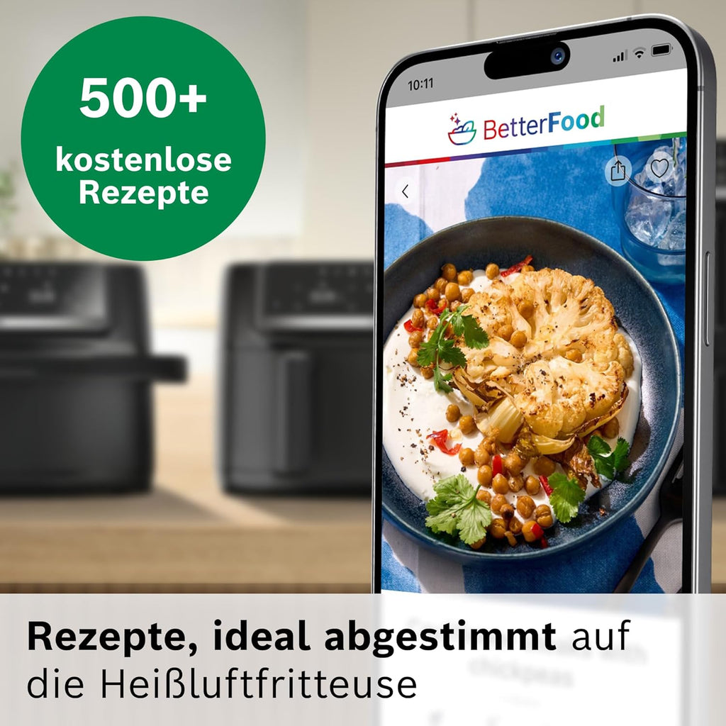 Bosch XXL Heißluftfritteuse, 12,0L Doppelkammer, platzsparend, 6 Programme, PFAS frei, schwarz, AirFryer Serie 6, MAFD661B0