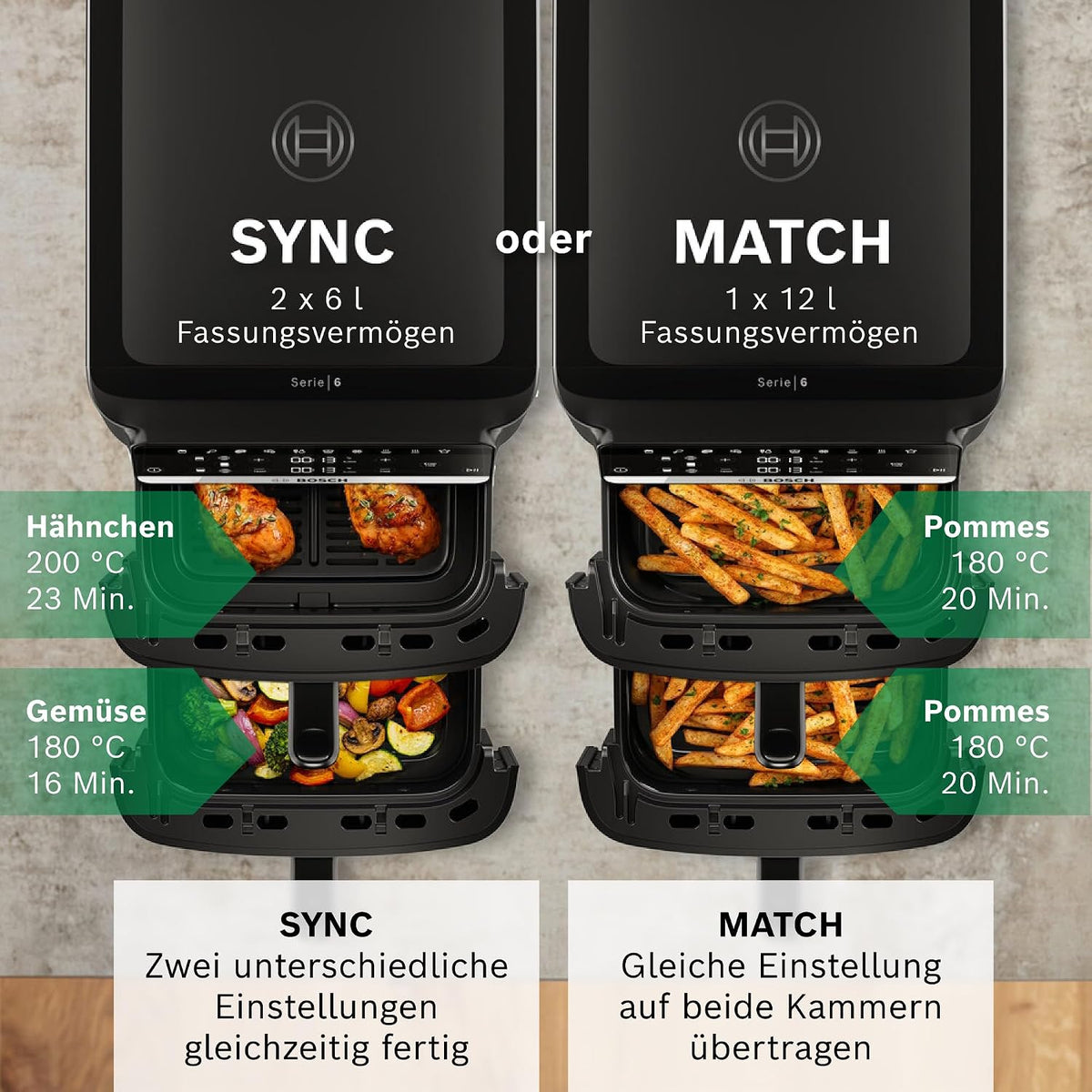 Bosch XXL Heißluftfritteuse, 12,0L Doppelkammer, platzsparend, 6 Programme, PFAS frei, schwarz, AirFryer Serie 6, MAFD661B0
